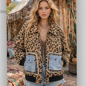 🆕 Brown Leopard Print Jacket with Denim & black Accents